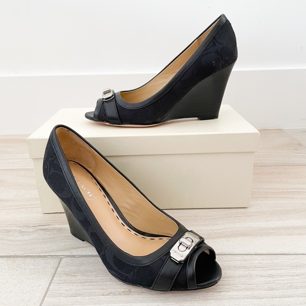 COACH Thea Black Monogram Wedge Pumps